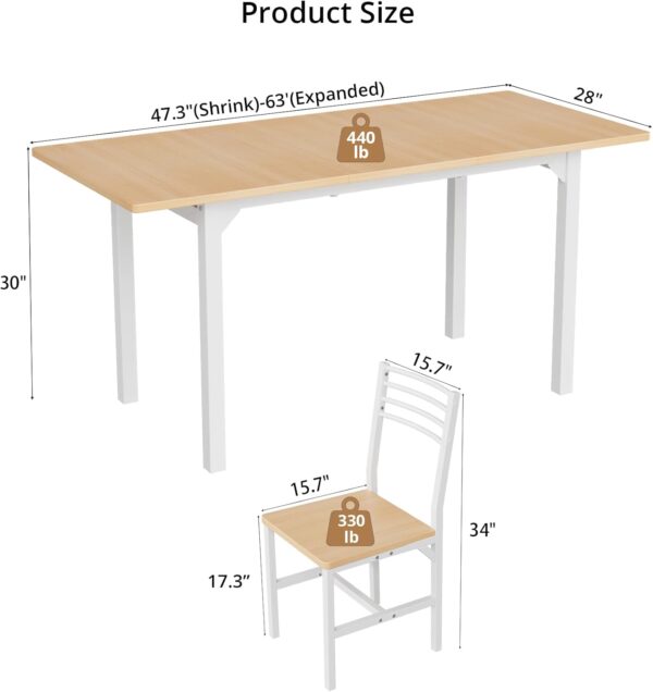 VOWNER 63” Extendable Dining Table Set for 4-6 People, 5-Piece Dining Table Set for 4 People with 4 Chairs, Kitchen Table Set with MDF Board and Metal Frame, for Small Space, Apartment, Nature Wood