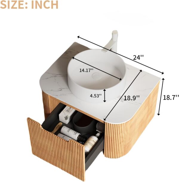 24 Inch Floating Bathroom Vanity with Sink, Modern Wall Mounted Bathroom Storage Cabinet with Drawer, Round White Ceramic Sink Top and Marble Texture Top, Natural Wood