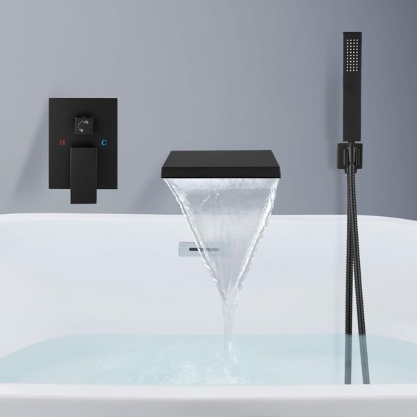 Aolemi Wall Mount Bathtub Faucet Bath Tub Faucet Set Waterfall Tub Filler with Handheld Sprayer Single Handle Solid Brass Rough-in Valve,with Bevel Angle Spout,Matte Black