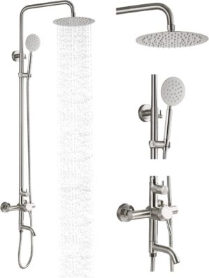 gotonovo Stainless Steel SUS304 Silver Shower faucet Set Wall Mount Triple Function Shower System 8 inches Shower Head Bathroom Adjustable Hand Spray Rainfall Brushed Nickel Shower Faucet Complete Set