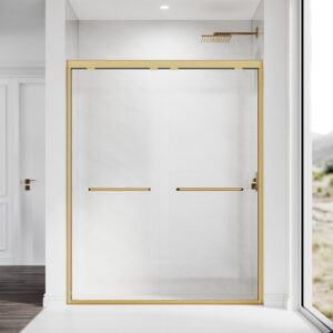 Shower Door 56 to 60'' W x 72'' H,Semi Frameless Double Sliding Shower Glass Door with 1/4" (6mm) Clear SGCC Tempered Glass,Stainless Steel, Easy to Clean,Gold.