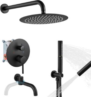 Airuida Shower System with Tub Spout, Wall Mount 3 Function Tub and Shower Faucet Combo, 10 Inch Round Shower Head with 2 Functions Handheld and Rotatable Tub Spout Rough-in Valve Matte Black