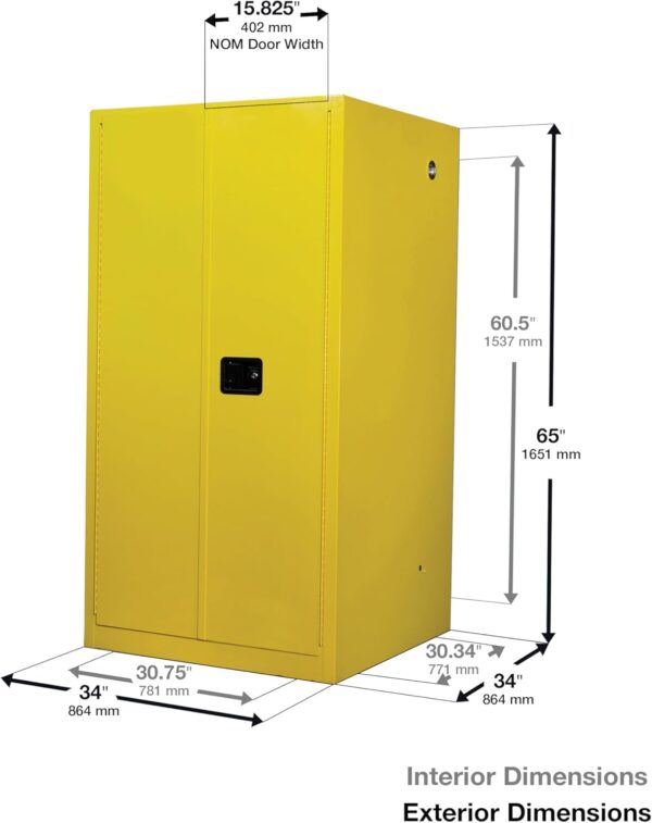 Justrite 60 Gallon Manual Close Flammable Storage Cabinet, 18 Gauge Steel, 2 Shelves, 2 Door Fire Cabinet, 65" x 34" x 34", Made in The USA, Yellow, 896000