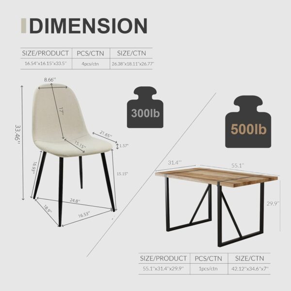 5 Piece Dining Table Set,Kitchen Dining Table Set for 4,Modern Rectangle Wooden Dining Table and Fabric Dining Chairs Set for 4 Ideal for Kitchen Dining Room