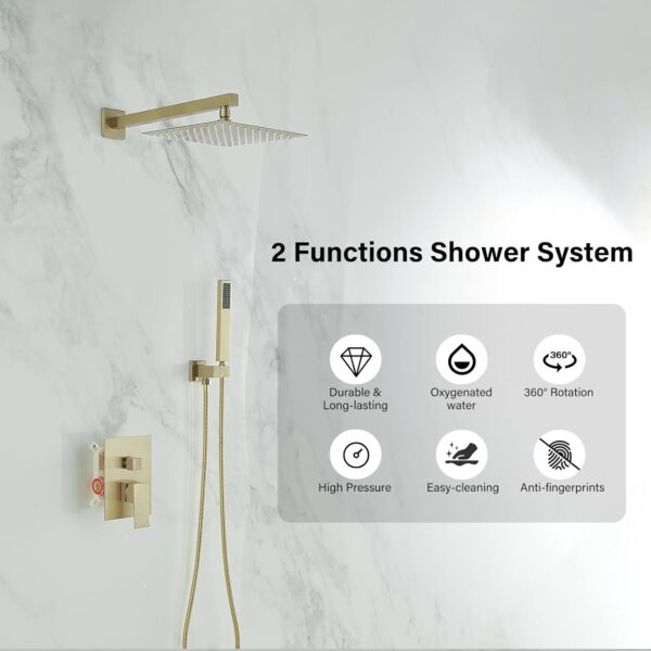 61Hg8CUbOUL._AC_SL1500_.jpg BWE Shower Faucet Brushed Gold 12 Inch Square Bathroom Luxury Rain Mixer Shower Combo Set 2-Functions Wall Mounted Rainfall Shower Head System Rough-in Valve Body and Trim Included