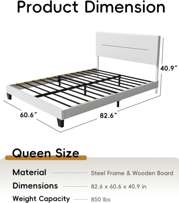Miscoos Queen Size Platform Bed Frame with Upholstered Headboard and Metal Support – Sturdy, Noise-Free, No Box Spring Needed, Easy Assembly, Storage Space