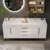 59" Freestanding Bathroom Vanity Set, Floor-Mounted Bathroom Storage Cabinet Modern Bathroom Vanity with Double Ceramic Vessel Sink & Sintered Stone Countertop, White