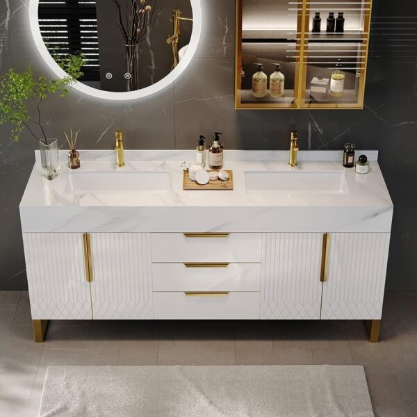 59" Freestanding Bathroom Vanity Set, Floor-Mounted Bathroom Storage Cabinet Modern Bathroom Vanity with Double Ceramic Vessel Sink & Sintered Stone Countertop, White