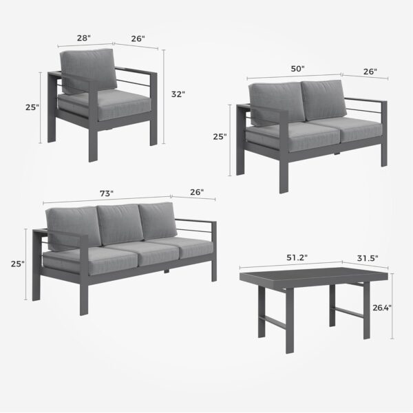 Solaste Aluminum Patio Furniture Set,5 Pieces Modern Outdoor Conversation Set Sectional Sofa with Upgrade Cushion and Dining Table, Grey