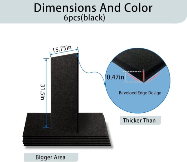 6 Pack Self-adhesive Acoustic Panels,15.75" X 31.5" X 0.47" Soundproof Wall Panels, High Density Beveled Edge Sound Absorbing Panels, Acoustic Treatment for Studio Home and Office (Black)
