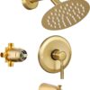 Tub Shower Faucet Set (Valve Included) with 6-Inch Rain Shower Head and Tub Spout Single-Handle Tub and Shower Trim Kit Brushed Gold