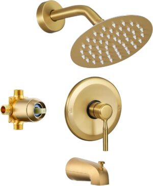 Tub Shower Faucet Set (Valve Included) with 6-Inch Rain Shower Head and Tub Spout Single-Handle Tub and Shower Trim Kit Brushed Gold