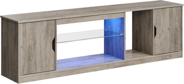 Bestier LED TV Stand for 65/70/75/80 Inch TV, 70 inch Gaming Entertainment Center with Adjustable Glass Shelves & Storage Cabinet for PS5, Xbox, Modern TV Console Table for Living Room, Grey Wash