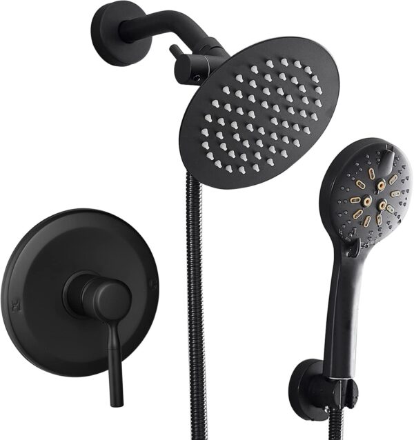 Black Shower Faucet With Handheld Shower Head & Valve Shower System combo With 6 Inch High Pressure Rainfall trim kit Set Complete