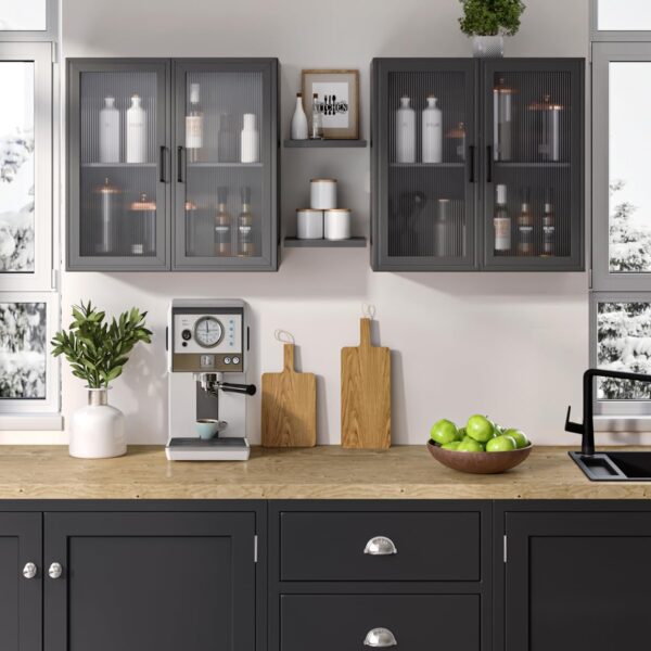 FIMELLO 24’’ Bathroom Wall Cabinet Set of 2 with LED, Laundry Room Cabinets Storage, Kitchen Cabinets with Adjustable Shelf Acrylic Glass Doors, Medicine Cabinets for Bathroom, Black Bathroom Cabinet