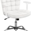 Yaheetech Mid Back Faux Leather Desk Office Chair Modern Upholstered Adjustable Tilting Vanity Chair with Detachable Padded Armrests for Home/Office,White