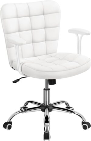 Yaheetech Mid Back Faux Leather Desk Office Chair Modern Upholstered Adjustable Tilting Vanity Chair with Detachable Padded Armrests for Home/Office,White