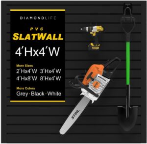 DLDIRECT Slatwall Panel Garage Wall Organizer: Heavy Duty Mounted PVC Rack, Interlocking Slat Paneling for Storage, Board, Shelves System -Black (4’H x 4’W)
