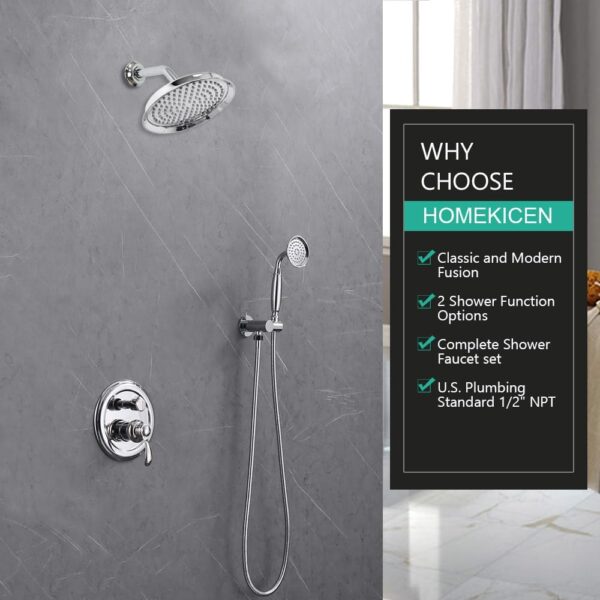 Chrome Vintage Shower-Faucet Sets, Antique Brass Shower System, Wall Mounted, 9" Rain Head and Handheld Spray, 2 Way Diverter Rough in Valve with Trim Kit