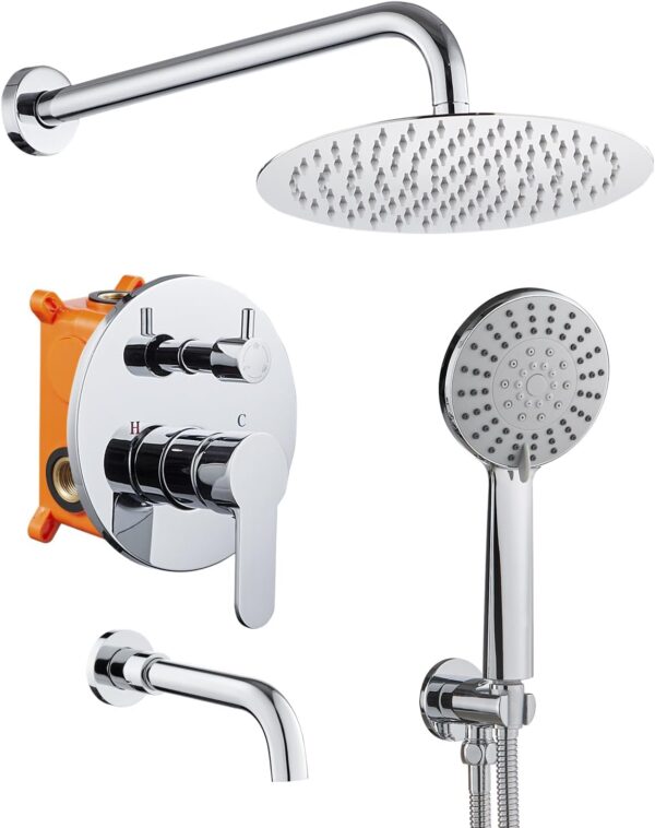 Shower System with Tub Spout, 10 inch Rain Shower and Handheld, Shower Faucet Set Complete Rough-in Valve and Trim Kit Included, Chrome