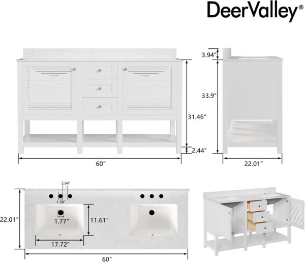 Deer Valley 60'' Bathroom Vanity with Double Sink Top, Pre-Assembled Modern Wood Bathroom Cabinet Sink Combo with Backsplash, Soft Closing Doors, Multifunctional Storage Space Vanity (White)