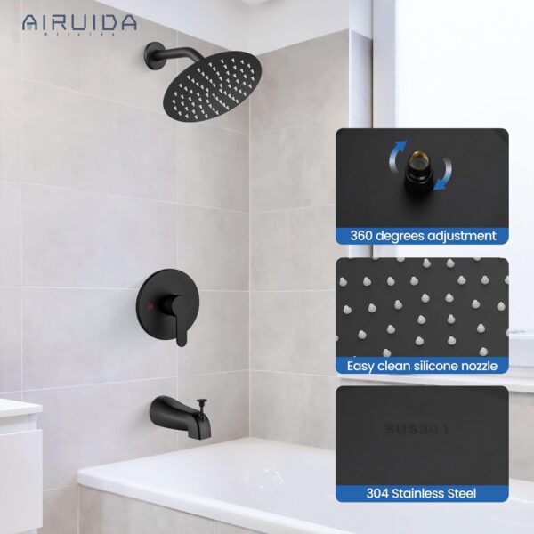 Airuida Shower Faucet Set with Tub Spout Bathtub Faucet Kit Shower Tub Faucet Set Complete Tub Shower Trim Kit with Solid Brass Rough-in Valve Rainfall Round 8 Inch Shower Head Matte Black