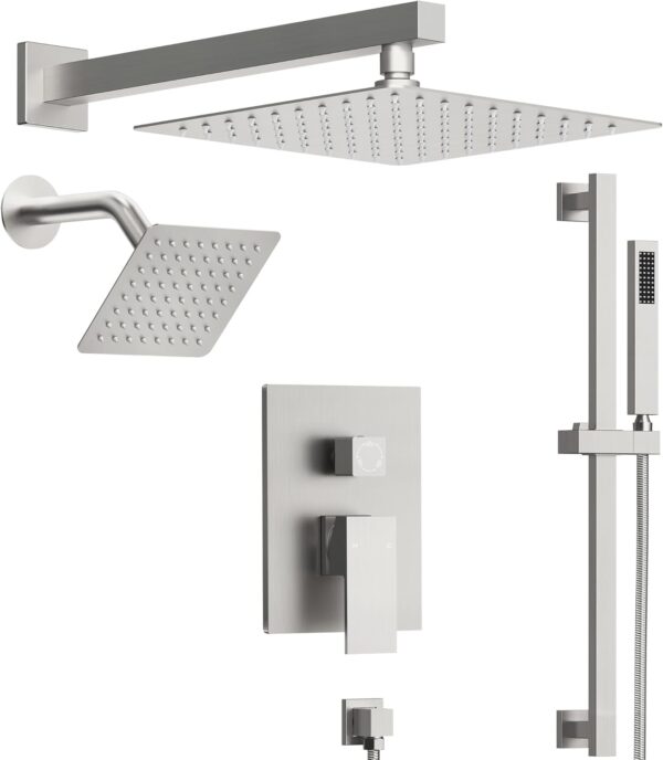 10" High-Pressure Rainfall Shower Faucet with Handheld Spray, Wall Mount Dual Shower Head System with Slide Bar (Brushed Nickel)