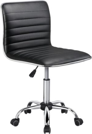 Yaheetech Adjustable Task Chair PU Leather Low Back Ribbed Armless Swivel Black Desk Chair Office Chair Wheels