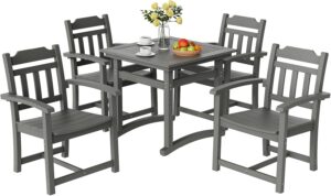 VEVOR Outdoor HIPS Patio Dining Set, 5 Pieces Patio Table and Chairs Set, All Weather Garden Square Furniture Table Sets, Patio Conversation Set, for Lawn, Deck, Backyard, Poolside, Light Gray
