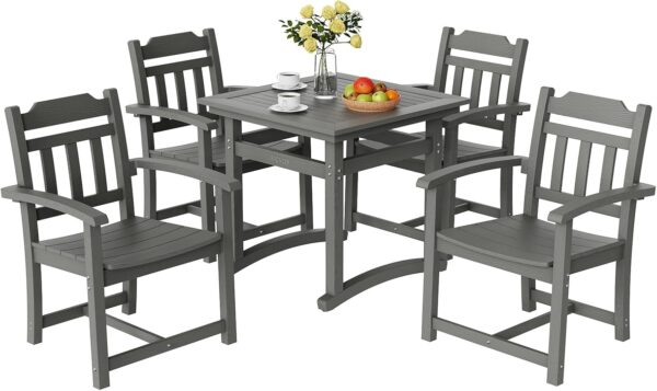 VEVOR Outdoor HIPS Patio Dining Set, 5 Pieces Patio Table and Chairs Set, All Weather Garden Square Furniture Table Sets, Patio Conversation Set, for Lawn, Deck, Backyard, Poolside, Light Gray
