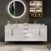 59" Freestanding Bathroom Vanity Set, Floor-Mounted Bathroom Storage Cabinet Modern Bathroom Vanity with Double Ceramic Vessel Sink & Sintered Stone Countertop, White