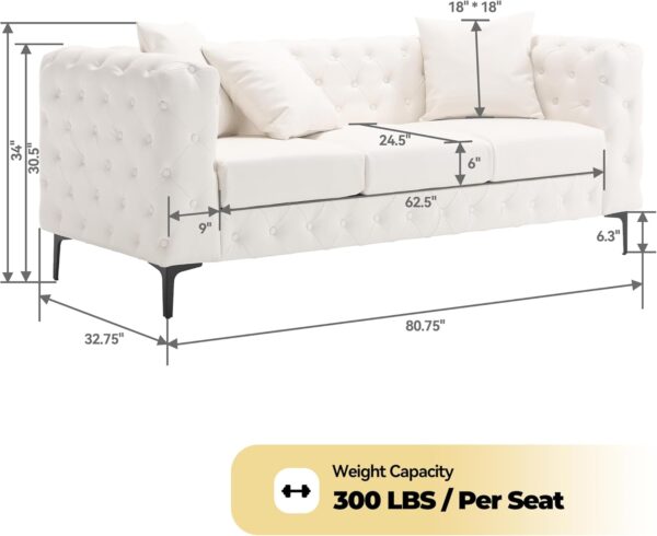 Morden Fort Button Tufted Faux Leather Modern Luxury Couch, 3 Seater Sofa with Deep Seats Couches for Living Room, Office, Apartment, White