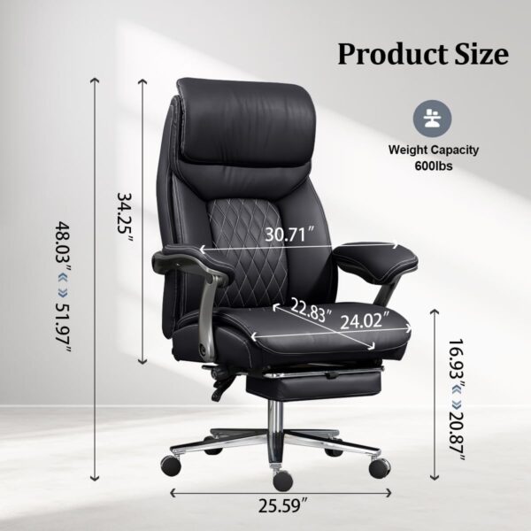 Big and Tall Office Chair 600 lbs Extra Wide Leather Luxury Executive Chair with Retractable Footrest, Heavy-Duty Ergonomic Chair, High Back Computer Chairs with Adjustable Height