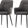 Faux Leather Dining Chairs Set of 2, Upholstered Armchairs with Cushioned Arms and Seat, Accent Chair with Metal Legs for Kitchen Guest Reception Restaurant Commercial (Grey)