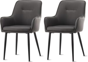 Faux Leather Dining Chairs Set of 2, Upholstered Armchairs with Cushioned Arms and Seat, Accent Chair with Metal Legs for Kitchen Guest Reception Restaurant Commercial (Grey)
