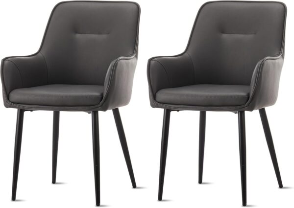 Faux Leather Dining Chairs Set of 2, Upholstered Armchairs with Cushioned Arms and Seat, Accent Chair with Metal Legs for Kitchen Guest Reception Restaurant Commercial (Grey)