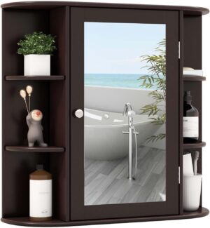 RELAX4LIFE Bathroom Wall Cabinet with Mirror - Medicine Cabinet w/Door, 6 Open Shelves & Adjustable Shelves, Over The Toilet Storage Cabinet Organizer, Mirrored Bathroom Cabinet Wall Mount (Coffee)