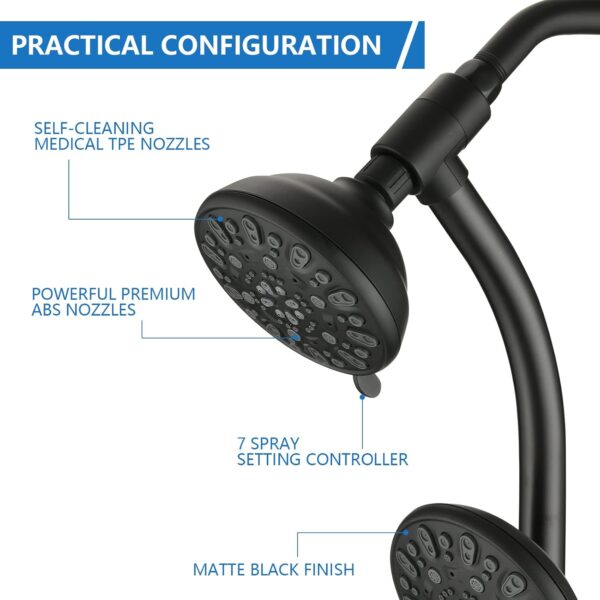 High Pressure 48-Settings Shower Head with Handheld Shower,Drill-Free 3-Way Diverter for Easy Reach,Adjustable Height Slide Bar Dual Shower Head Combo Set - Matte Black