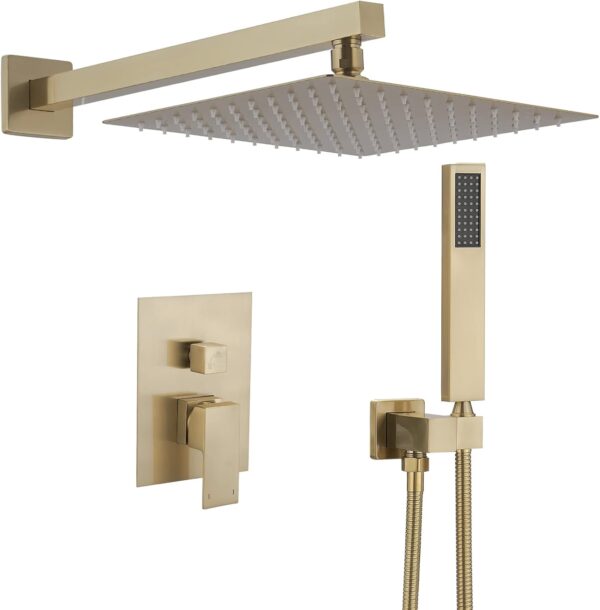 61O3NRaKGLL._AC_SL1500_.jpg BWE Shower Faucet Brushed Gold 12 Inch Square Bathroom Luxury Rain Mixer Shower Combo Set 2-Functions Wall Mounted Rainfall Shower Head System Rough-in Valve Body and Trim Included