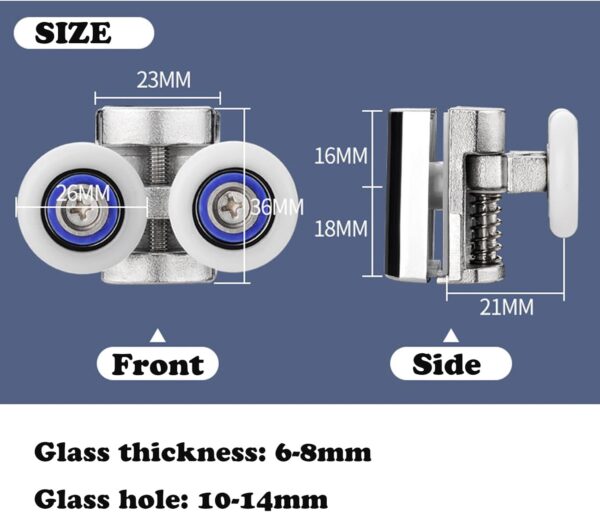 26mm Shower Door Rollers, 4PCS Sliding Shower Doors Wheels, Replacement Wheels Shower Doors，2xDouble Twin top/Bottom Shower ，Shower Door Runners Pulleys for Curved Glass Doors 6-8mm