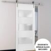 SARTODOORS Sturdy Barn Door 42 x 84 inches Frosted Glass 3 Lites | Lucia 4070 White Silk | Top Mount Stainless Steel 8 feet Rail Hangers Heavy Set | Solid Panel Interior Doors