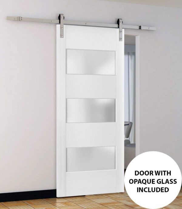 SARTODOORS Sturdy Barn Door 42 x 84 inches Frosted Glass 3 Lites | Lucia 4070 White Silk | Top Mount Stainless Steel 8 feet Rail Hangers Heavy Set | Solid Panel Interior Doors