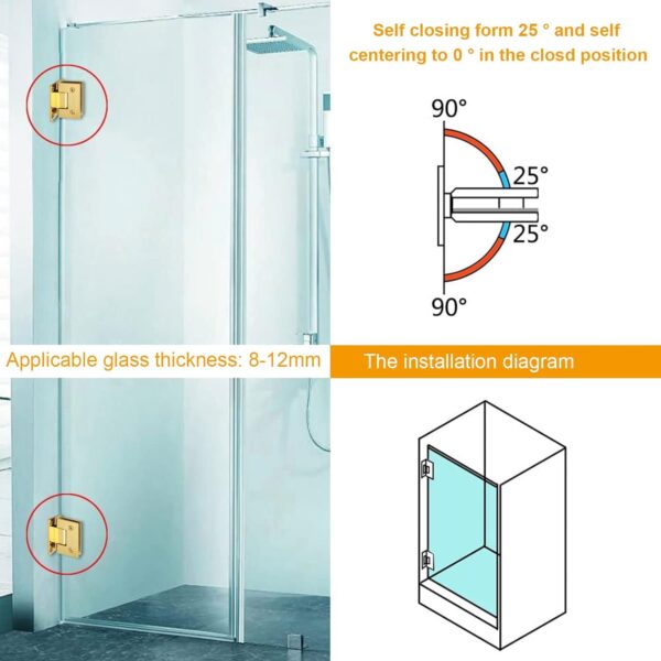 2Pack Glass Gold Shower Door Hinges Stainless Steel 90 Degree Heavy Duty Brushed Gold Shower Door Hinges Replacement Parts with Mounting Hardware, Bathroom Gate Clamp for 3/8” to 1/2”Glass