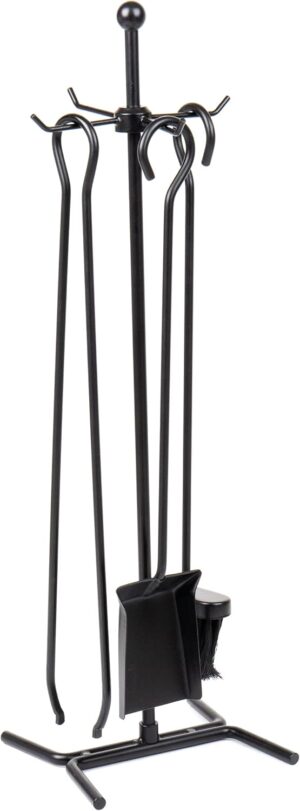 Mind Reader Fireplace Set with Stand, Brush, Shovel Scoop, Poker, Tongs, Steel, 8.25"L x 6.75"W x 26.25"H, 4 Pcs, Black