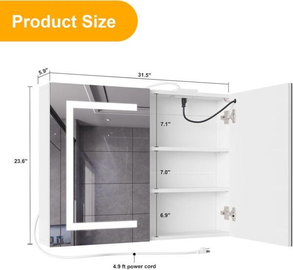 Snughome Bathroom Medicine Cabinet with Mirror and LED Light, Wall Mount Medicine Cabinet with Defogging, Adjustable Shelves, Memory Dimmable 3 Color Temp, Built-in Power Outlets, 31.5''x23.6''x5.9''