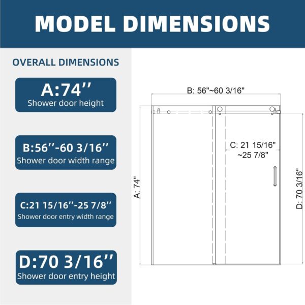 56-60" W x 74" H Frameless Sliding Shower Door, Shower Glass Door with 5/16" (8mm) Clear SGCC Tempered Glass, Matte Black Finish Shower Doors, Stainless Steel Hardware
