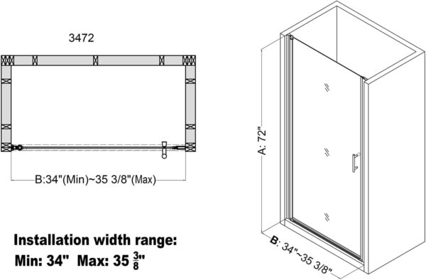 34-35.4" W x 72" H Frameless Pivot Shower Door, 1/4" (6mm) Clear SGCC Tempered Glass Shower Door, Pivot Swing Shower Glass Door in Chrome Finish, Reversible Installation