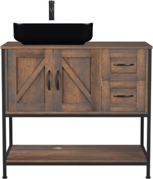 YOURLITE Bathroom Vanity, 36" Bathroom Vanity with Sink Combo Set, Dark Brown Modern Wood Bathroom Cabinet withWhite&Black Ceramic Vessel Sink