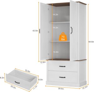 Kitchen Pantry Cabinet, Farmhouse Storage Cabinet with Barn Doors, Drawers and Adjustable Shelves, Versatile Storage for Kitchen, Dining Room, White