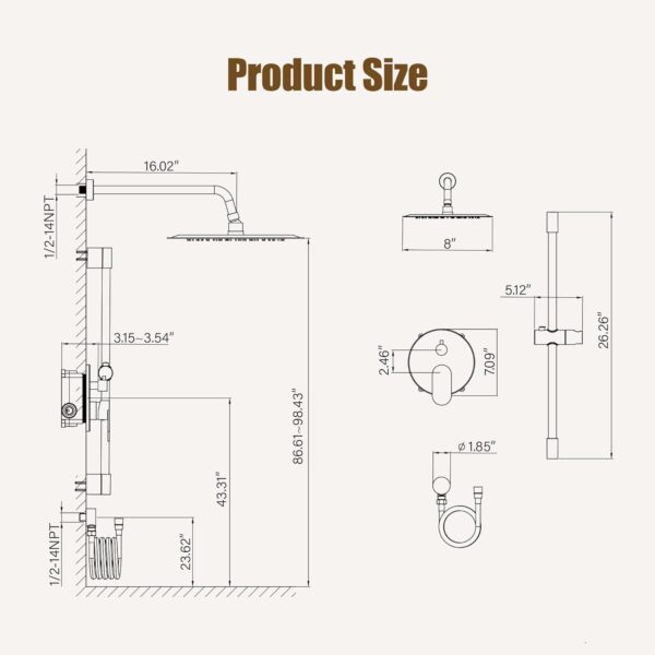 Gabrylly Shower System, Slide Bar Shower Faucet Set Complete with High Pressure 8" Rain Shower head and 5-Setting Handheld Shower Set, Shower Valve Include, Matte Black